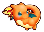 Anime-style Pokémon forum avatar/pfp: chubby, curled-up Charmander with big blue eyes and a friendly smile.