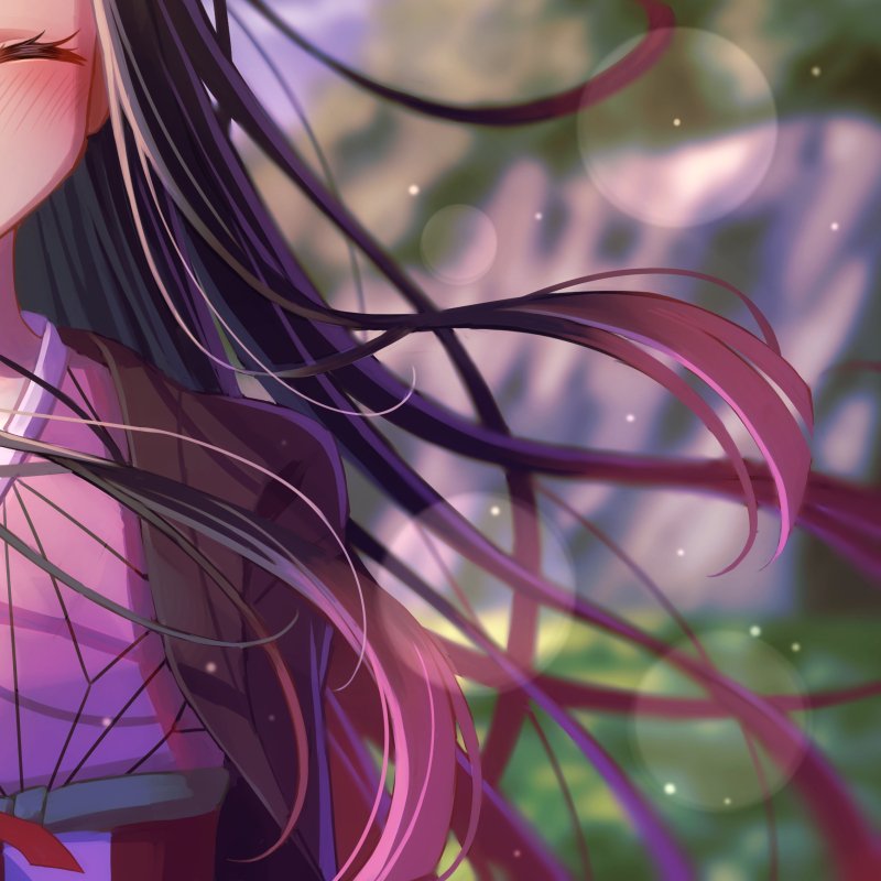 Close-up anime-style avatar of a character from Demon Slayer: Kimetsu no Yaiba with flowing dark hair and a serene forest background.