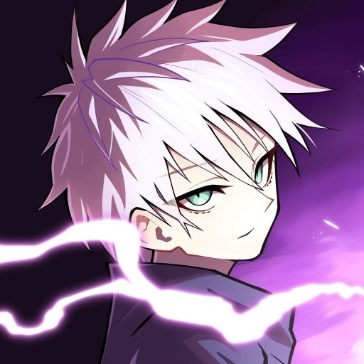 Anime-style avatar of Satoru Gojo from Jujutsu Kaisen with white hair, green eyes, and purple energy swirling around him against a dark background.