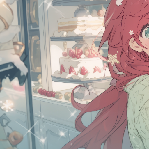 Anime girl with long red hair and teal eyes in front of a display case filled with cakes, used as a forum avatar/profile photo.