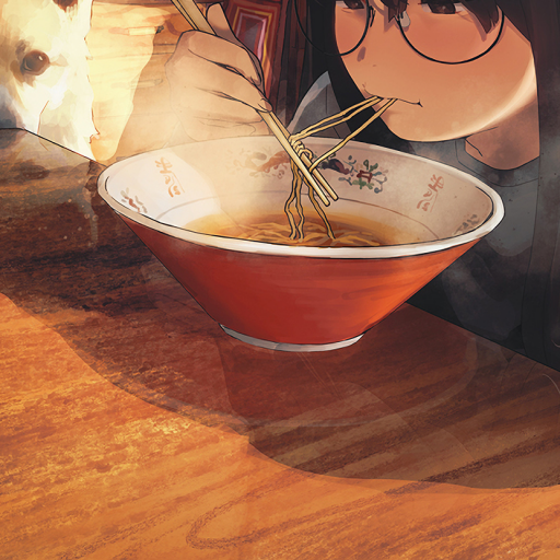 Anime-style girl with glasses eating noodles from a large bowl, accompanied by a dog, shown in a warm, detailed forum avatar image.