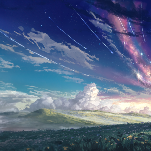 Scenic anime landscape from Suzume no Tojimari featuring a vibrant sky with streaks of light and expansive clouds over rolling green hills, used as a forum avatar.
