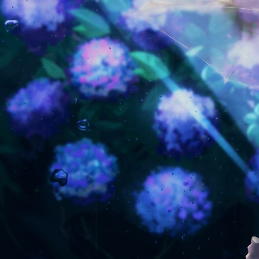 Blurry close-up of blue and purple flowers with soft lighting and a dark background, used as a forum avatar featuring anime girl elements.