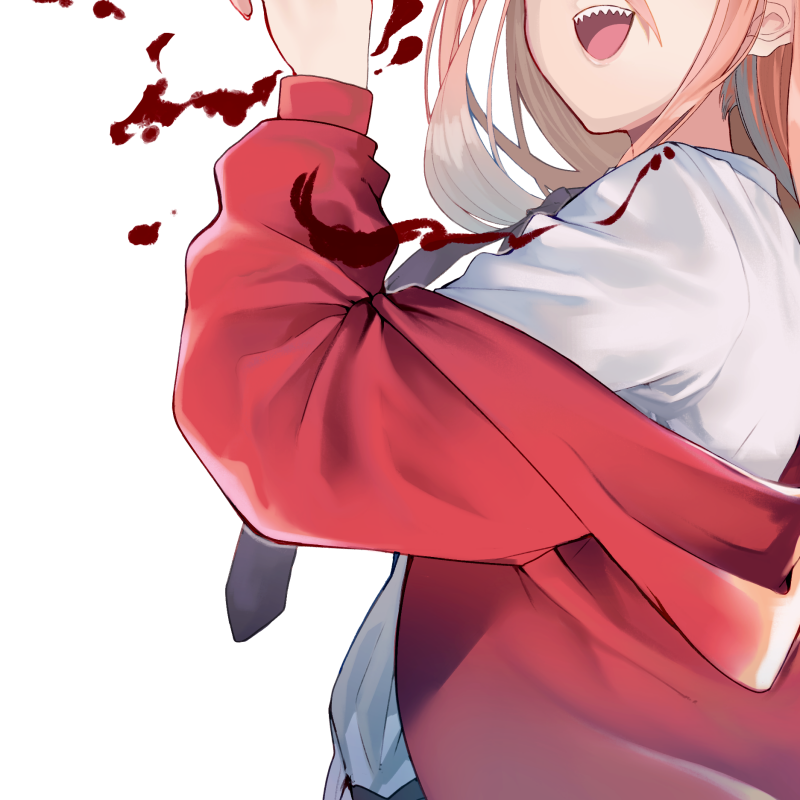 Anime Chainsaw Man forum avatar: cropped, smiling character in a red jacket with blood splatters and a raised arm holding a blade.