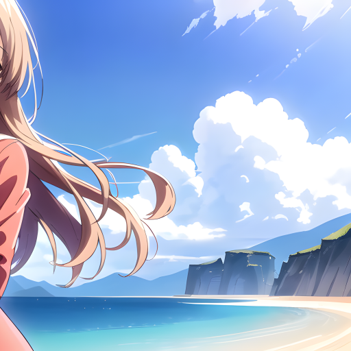 Anime girl with long flowing hair looking out over a bright beach and ocean under a clear blue sky, used as a forum avatar/profile photo.