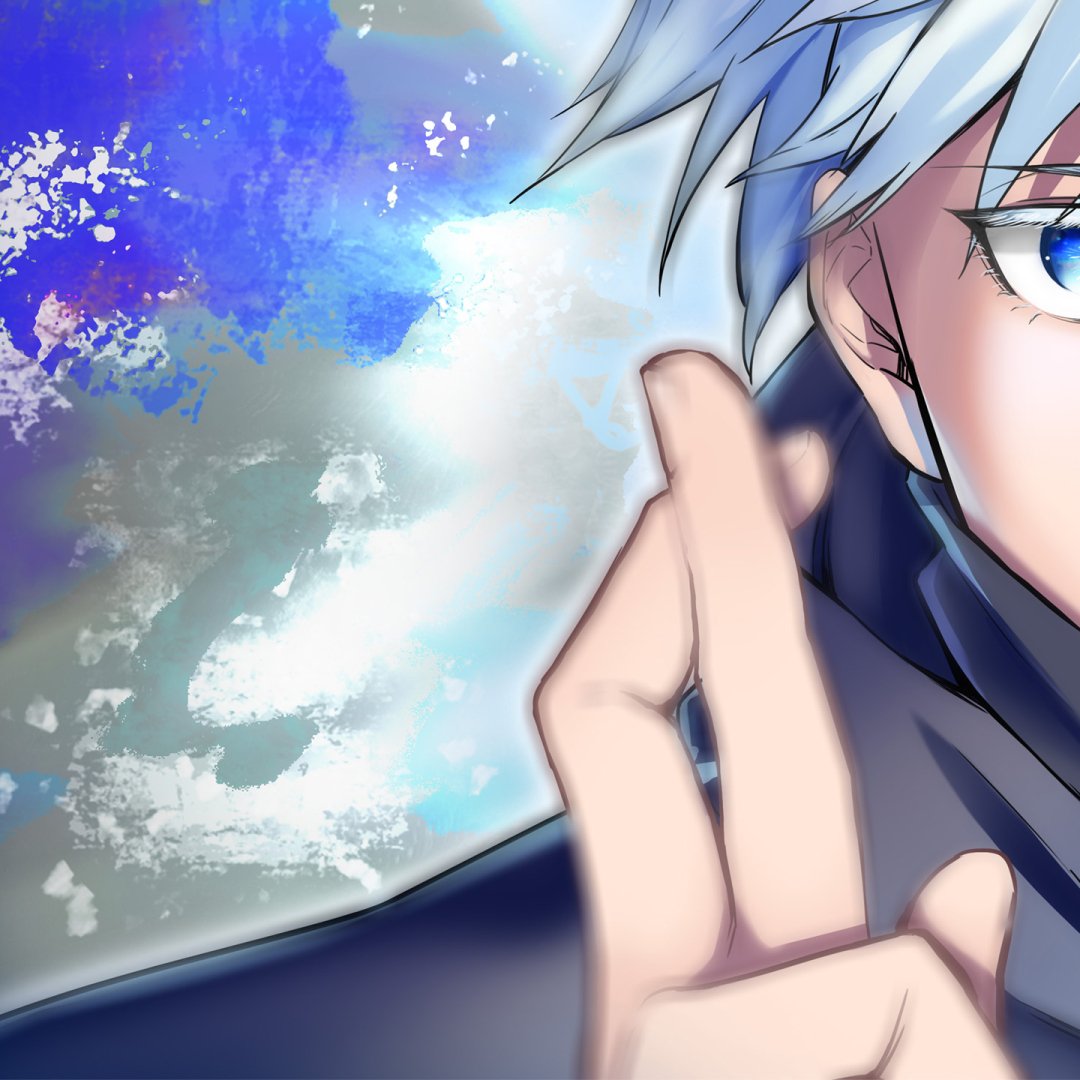 Close-up of a blue-haired anime character from Jujutsu Kaisen holding two fingers up, with a dynamic blue and white background, used as a forum avatar.