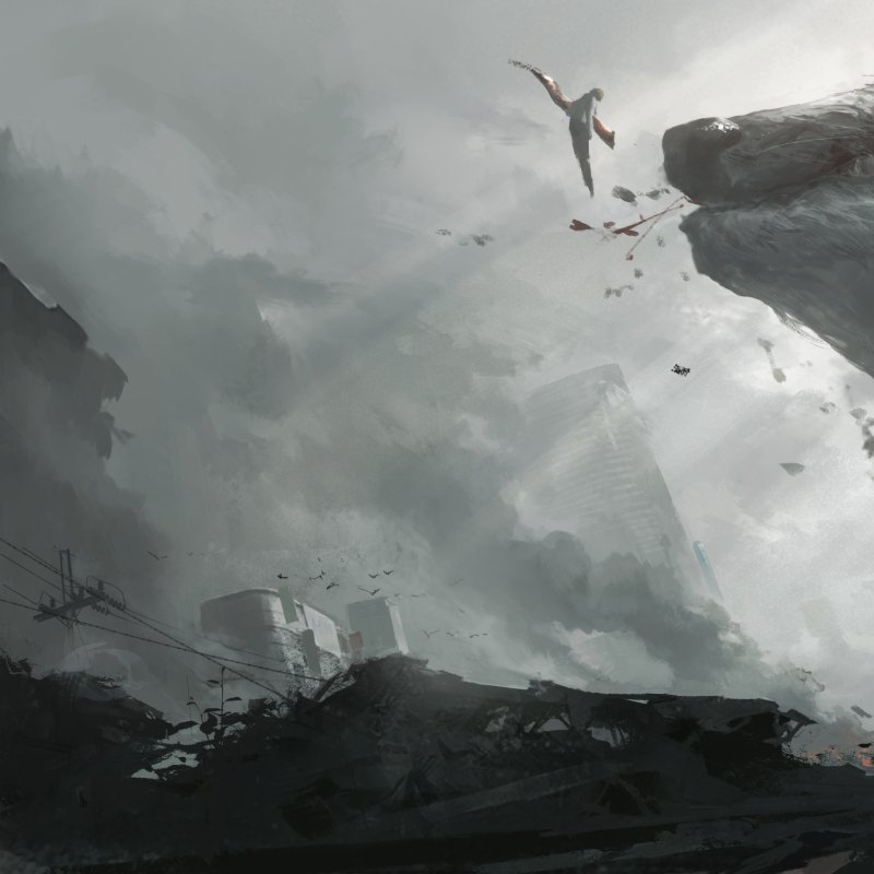 Grayscale anime forum avatar inspired by Chainsaw Man: a lone figure leaping from a cliff into a foggy, ruined landscape.