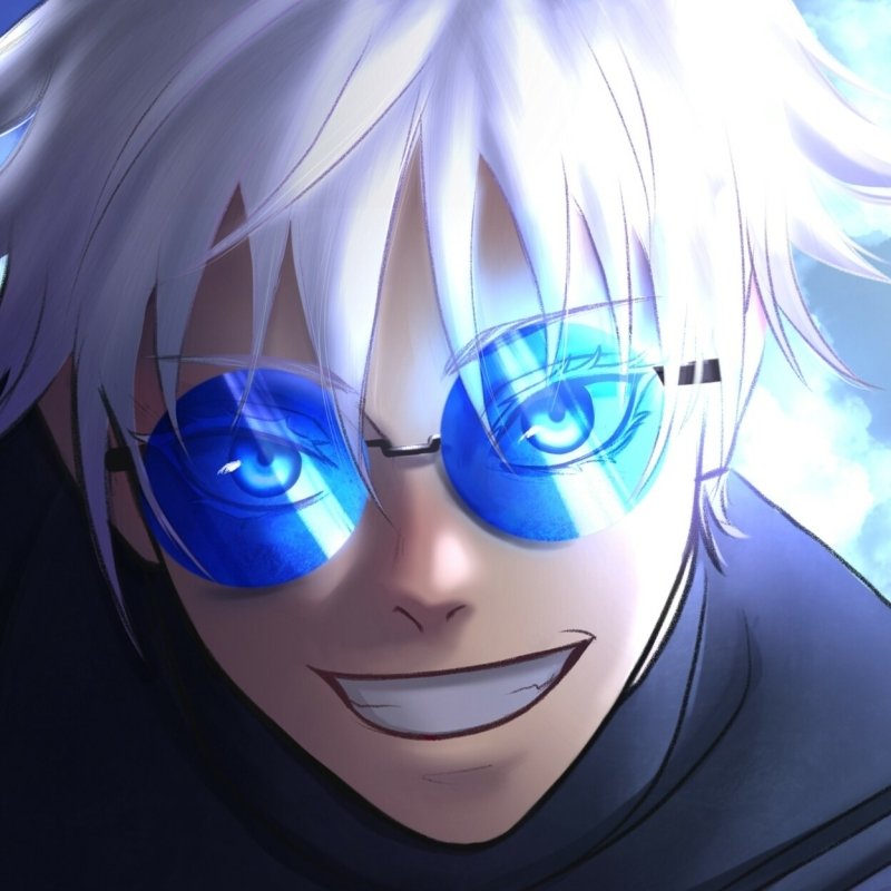 Close-up anime-style portrait of a character from Jujutsu Kaisen with white hair, glowing blue sunglasses, and a confident smile, used as a forum avatar.