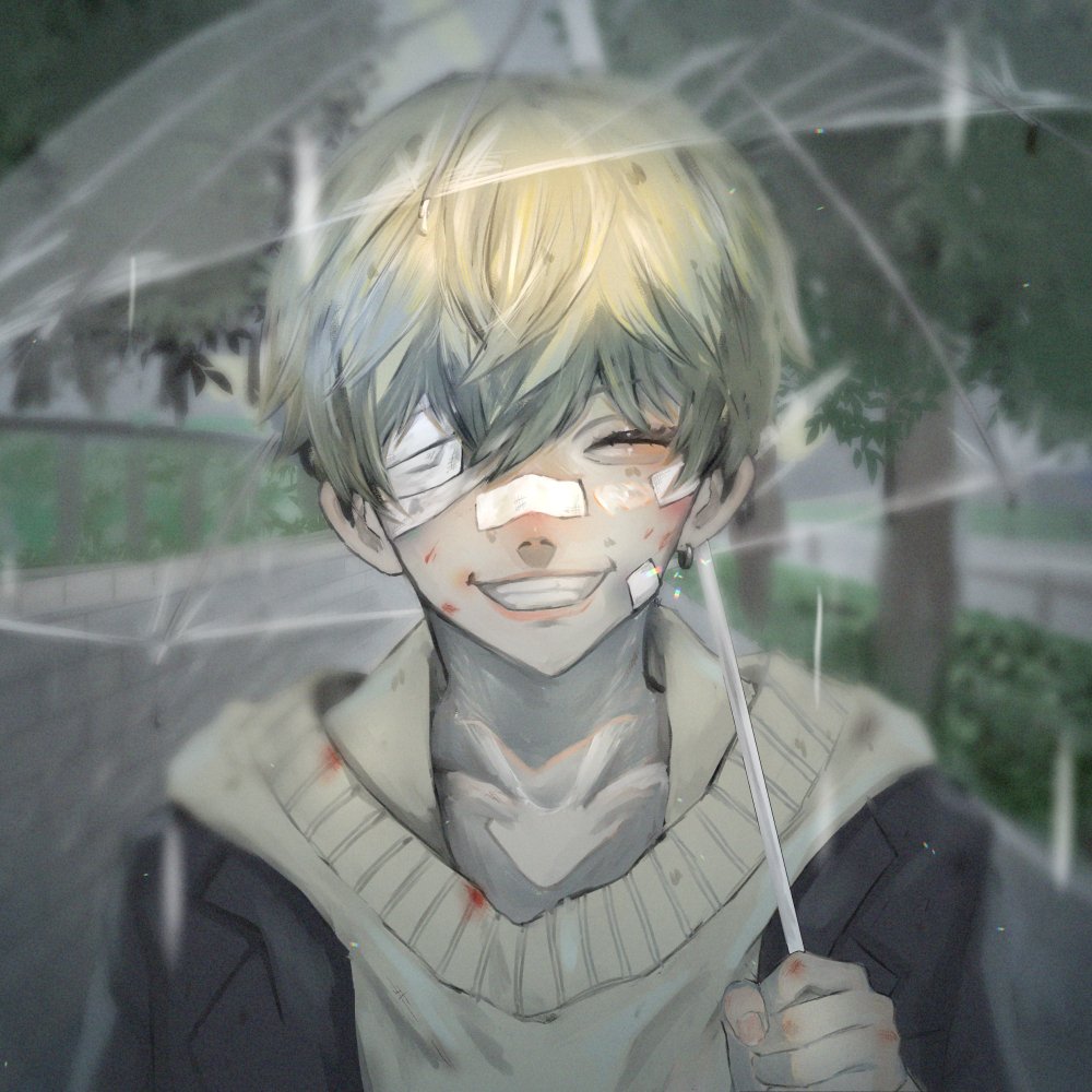 Anime-style portrait of a smiling Tokyo Revengers character with blond hair, an eye patch, and a light-colored hoodie, standing under an umbrella in a rainy setting.