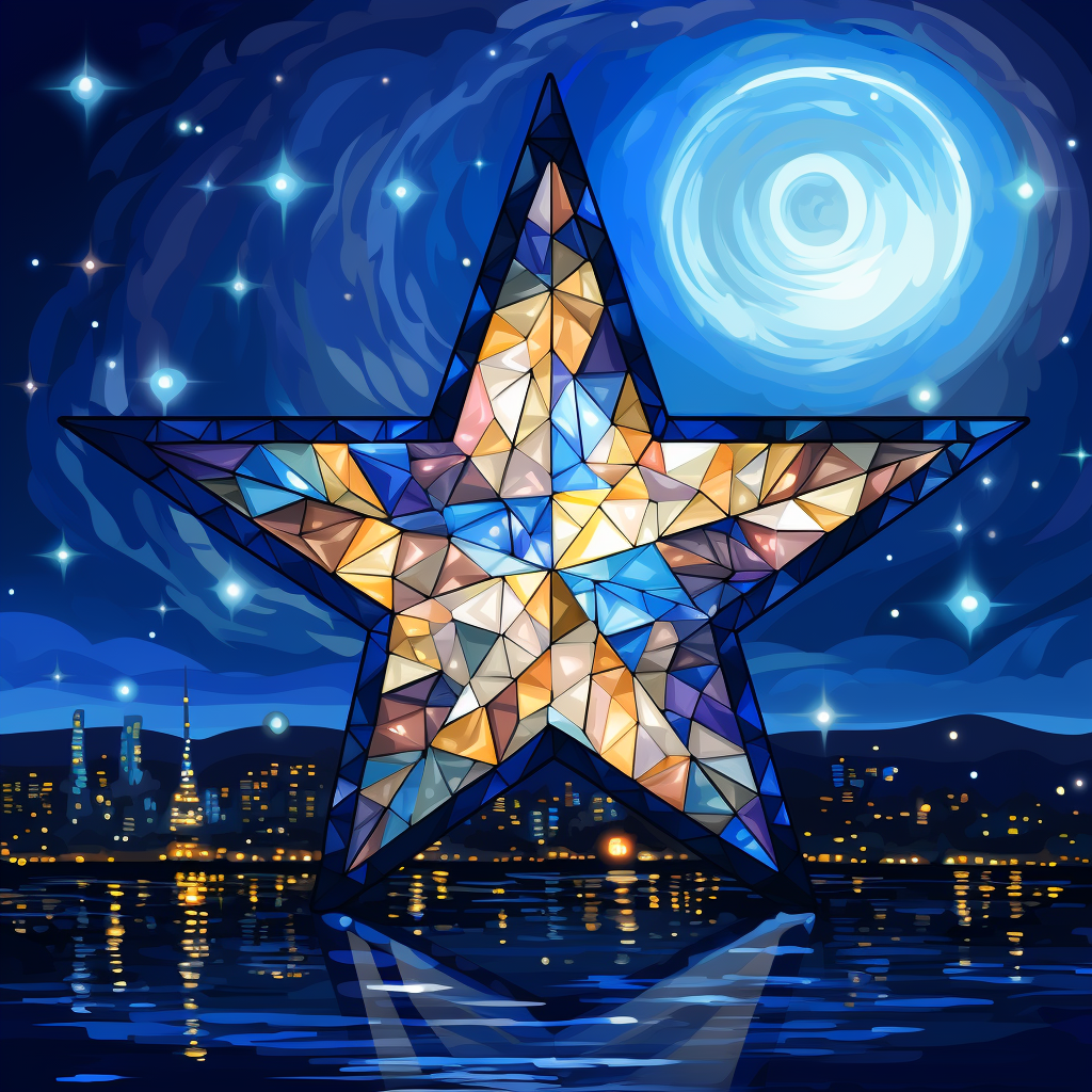 Stylized mosaic glass star avatar with a vibrant night cityscape and a swirling galaxy in the background for profile picture use.