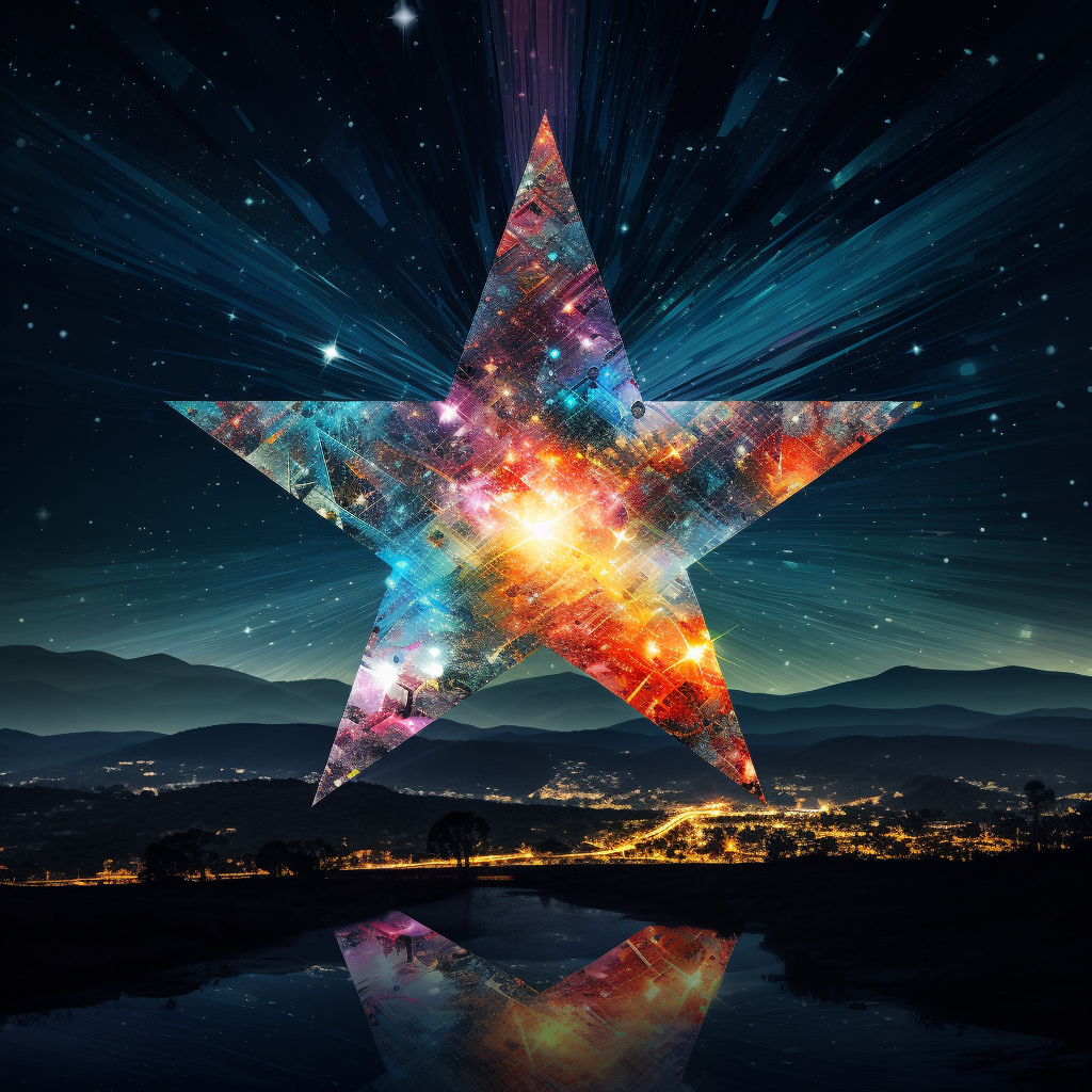 Colorful cosmic star avatar with a night sky background reflecting over water, perfect for a profile picture.