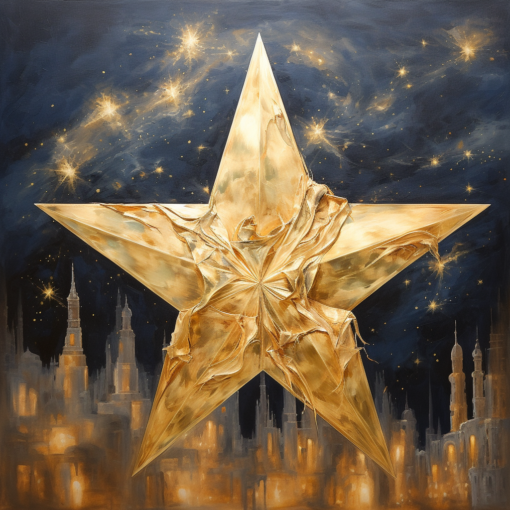 A digital avatar featuring a golden five-pointed star with an artistic flare set against a night sky backdrop over a cityscape silhouette.