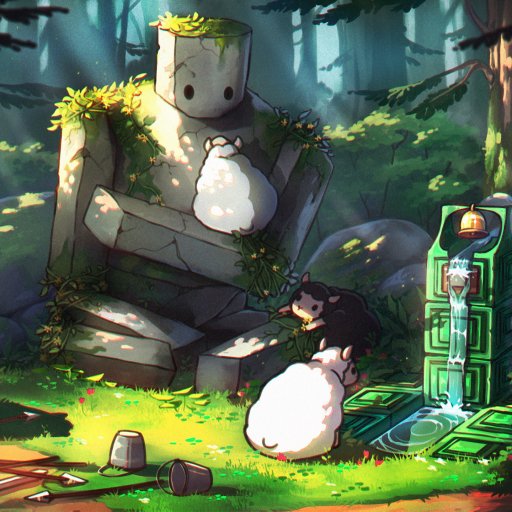 Minecraft-themed forum avatar showing a gentle stone golem covered in moss, surrounded by glowing sheep and a mystical forest setting.