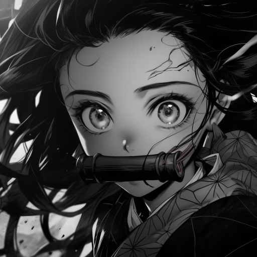 Black and white close-up of Nezuko Kamado from Demon Slayer: Kimetsu no Yaiba, featuring her wide eyes and bamboo muzzle, used as an anime forum profile avatar.