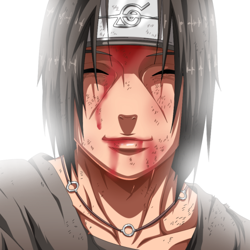 Anime-style forum avatar featuring a close-up of Itachi Uchiha from Naruto, with a gentle smile and blood marks on his face under the Hidden Leaf Village headband.