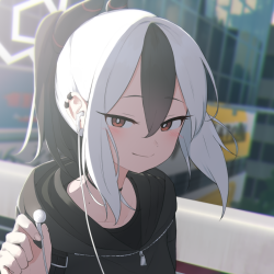 Forum avatar of a Blue Archive character with half-white, half-black hair, wearing a black hoodie and holding earphones against an urban background.