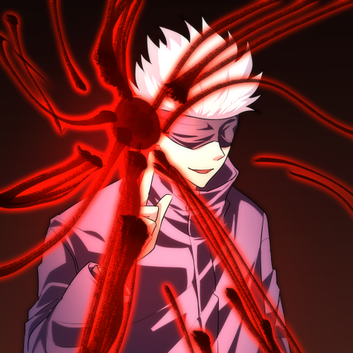 Anime-style avatar from Jujutsu Kaisen featuring a white-haired character with a blindfold, surrounded by glowing red energy tendrils on a dark background.