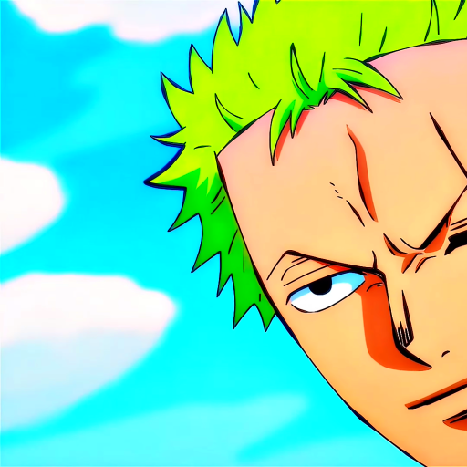 Close-up anime-style avatar of a green-haired character from One Piece, set against a bright blue sky with white clouds.
