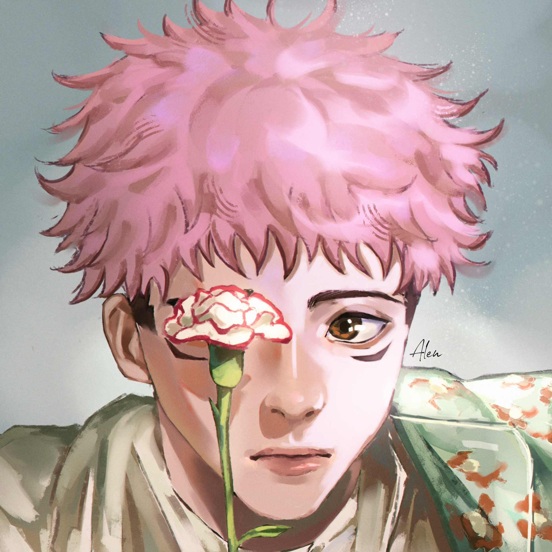 Anime-style profile image of Yuji Itadori from Jujutsu Kaisen holding a carnation flower in front of one eye.