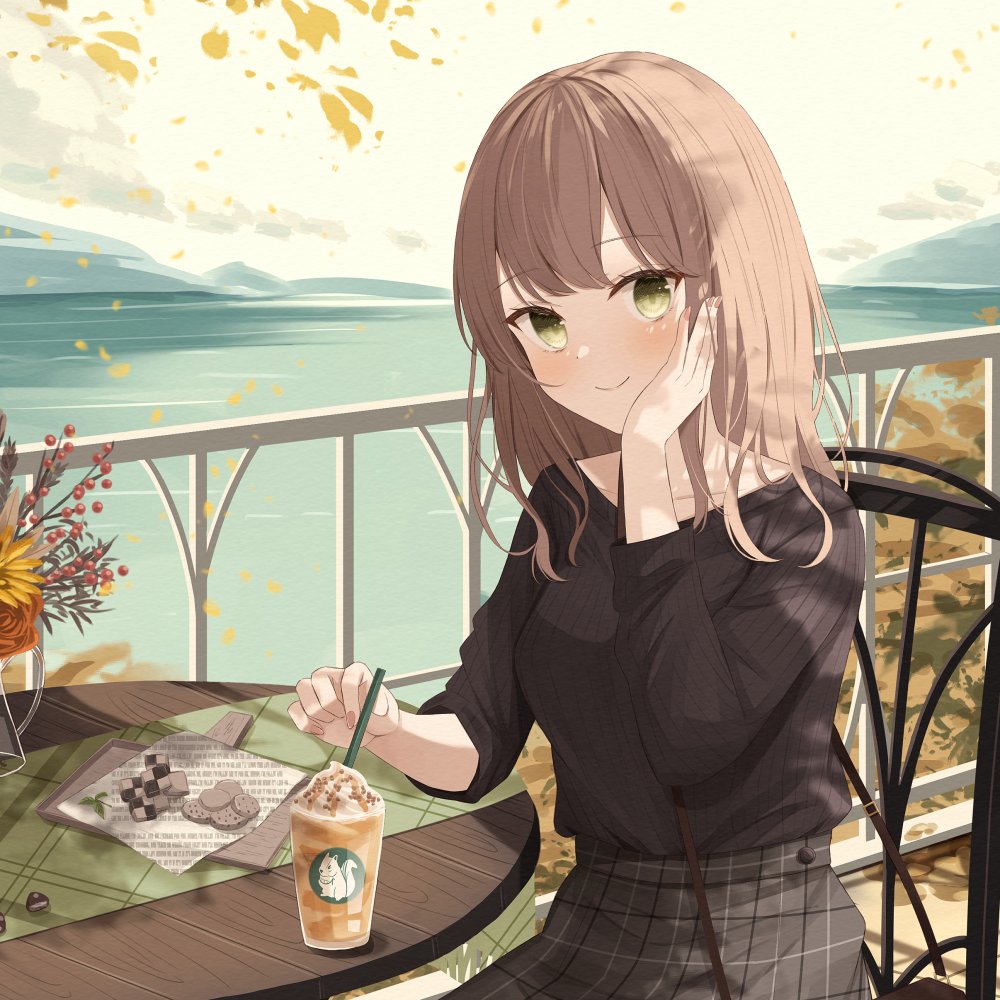 Anime-style girl with light brown hair and green eyes sits at a café table by the water, enjoying a drink and dessert, framed as a forum avatar/profile photo.
