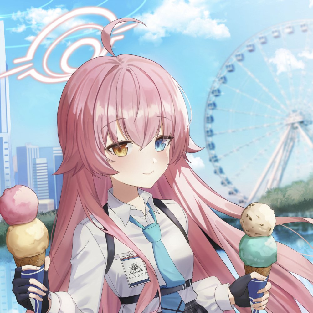 Anime-style character with pink hair and heterochromatic eyes holding ice cream cones, set against a cityscape with a large Ferris wheel, representing the Blue Archive video game.