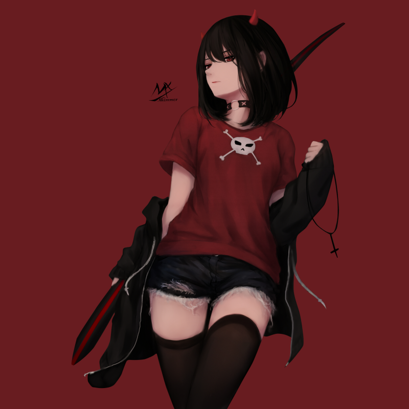 Anime girl with black hair, red horns, and a skull-print red shirt, wearing thigh-high socks and holding a black jacket, set against a solid dark red background as a forum avatar.
