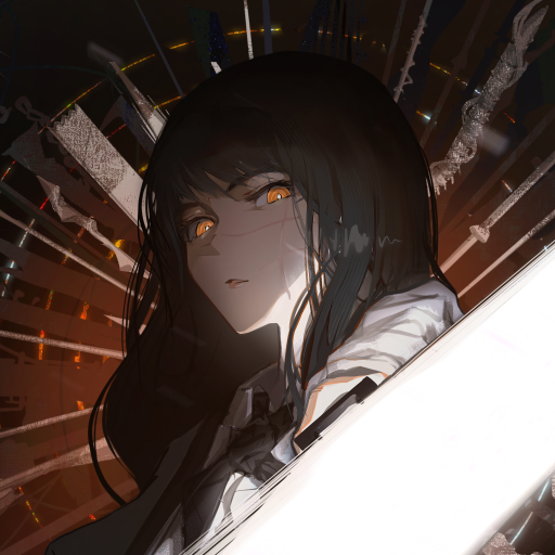 Anime-style Chainsaw Man character with glowing amber eyes and long dark hair, set against a dynamic background with sharp, streaking light effects.