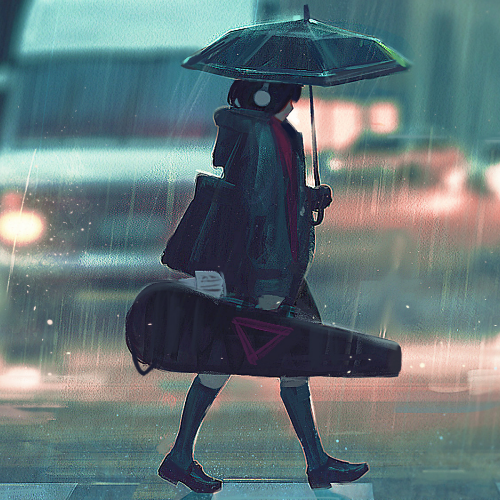 Anime-style girl walking in the rain holding an umbrella and a guitar case, depicted as a forum avatar/profile photo with a moody, urban background.