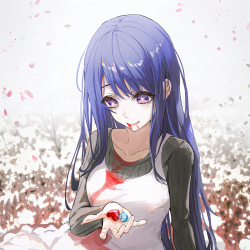 Anime Oshi no Ko forum avatar: long blue-haired girl with violet eyes and a soft smile, holding a red-and-blue capsule in her palm as cherry petals fall around her.