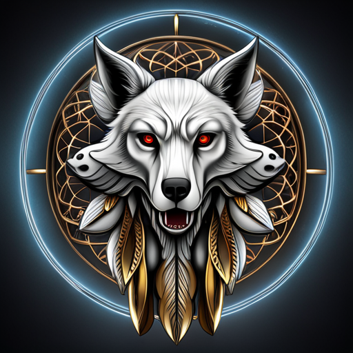 Artistic profile avatar depicting a fierce white wolf with glowing red eyes, surrounded by geometric patterns and adorned with golden feathers.