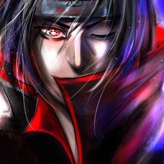 Forum avatar of Itachi Uchiha (Naruto): close-up, half-shadowed face with a glowing red Sharingan, Akatsuki collar, dark hair and red-purple highlights.