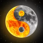Religious Yin Yang pfp: fiery sun half and textured gray moon half forming a cosmic symbol against a starry background.