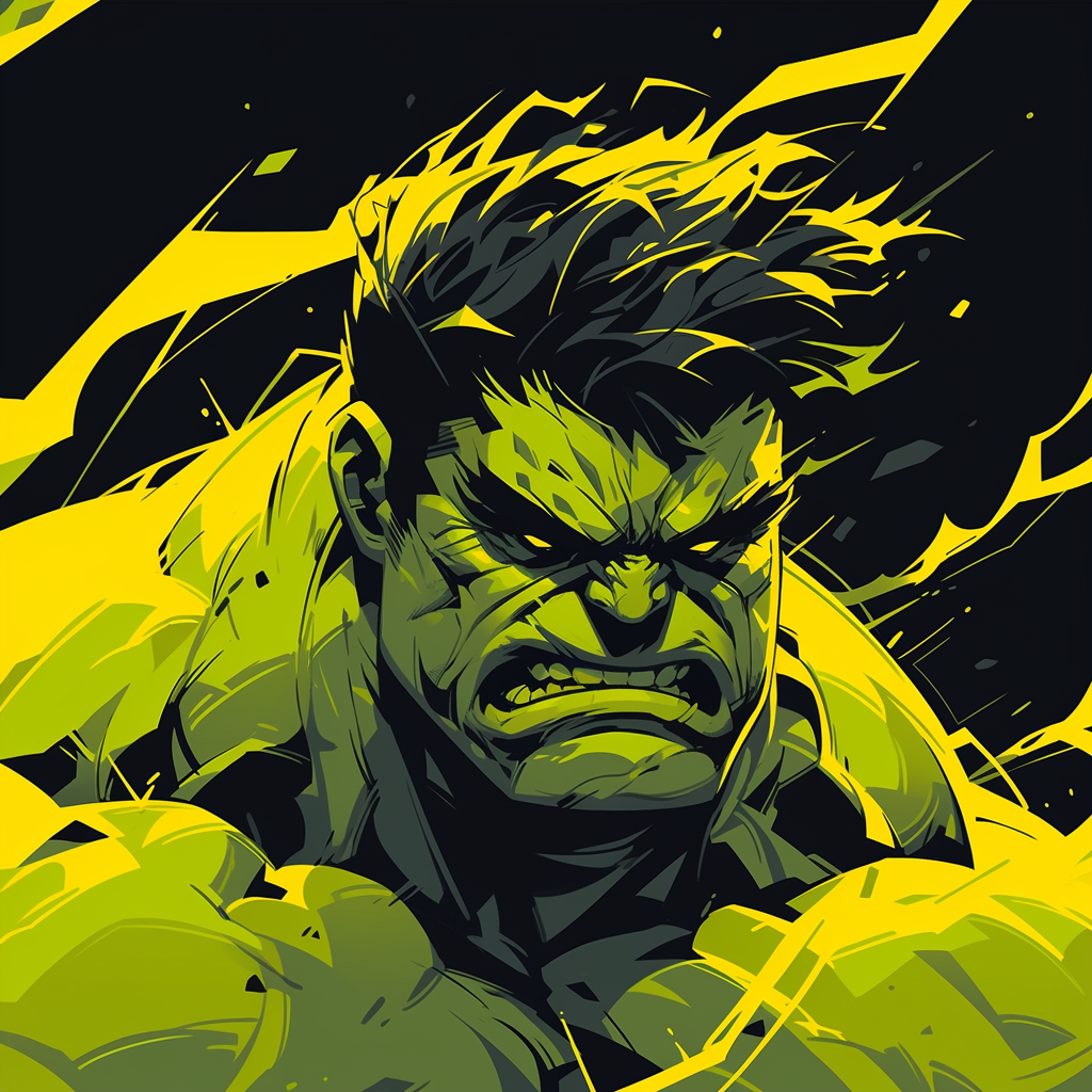 Illustration of the Hulk in a dynamic avatar style with a striking yellow and green color scheme, perfect for a profile picture or pfp.