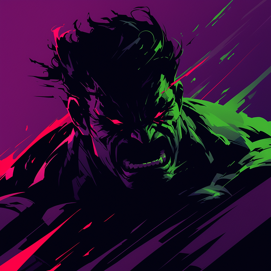 Stylized avatar of the Incredible Hulk in dynamic action pose with vibrant purple and green colors, ideal for profile picture.