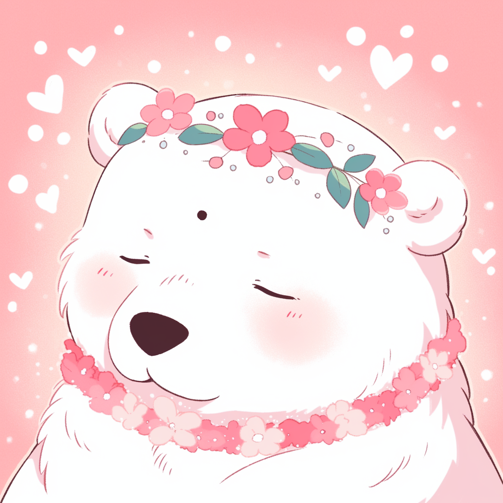 Cute polar bear avatar with pink flowers and hearts on a blush background.