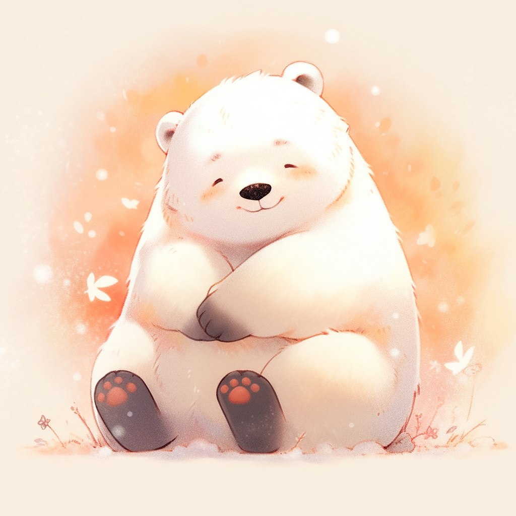 Cute animated polar bear avatar with a soft smile, sitting amidst a dreamy, warm-toned background, perfect for a profile picture.