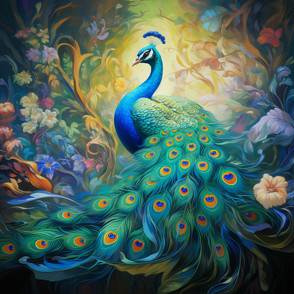 Colorful peacock with a vibrant tail displayed in a floral background, suitable as an avatar or profile picture.