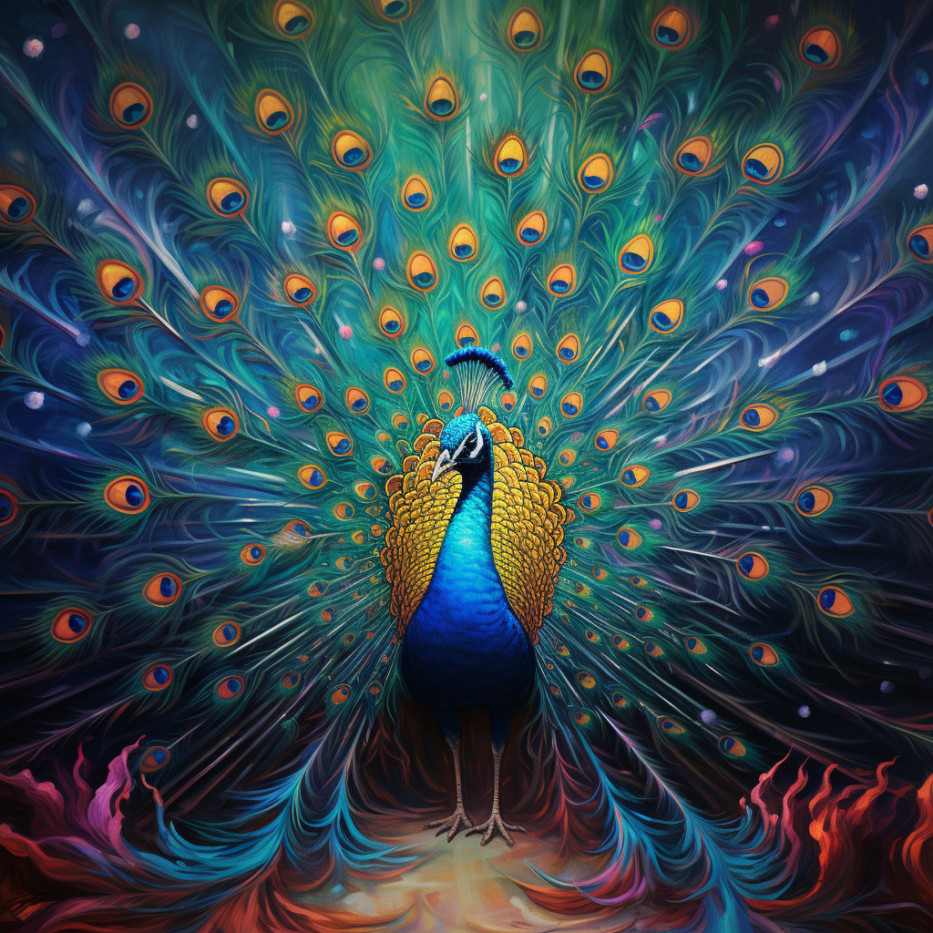 Vibrant peacock avatar with a full feather display in a mesmerizing, colorful background, perfect for profile pictures.