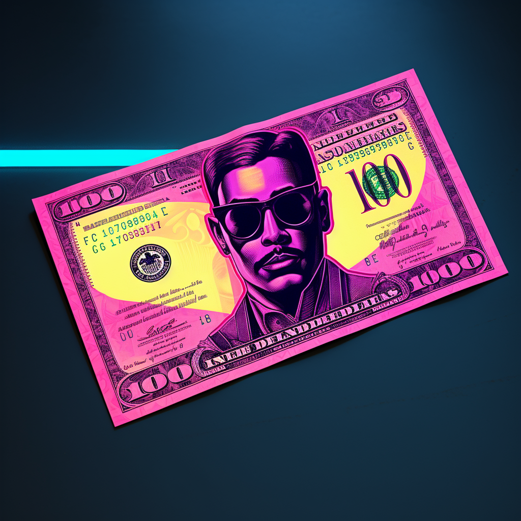 Stylized $100 bill with a male character's face for a creative profile avatar on a neon background.