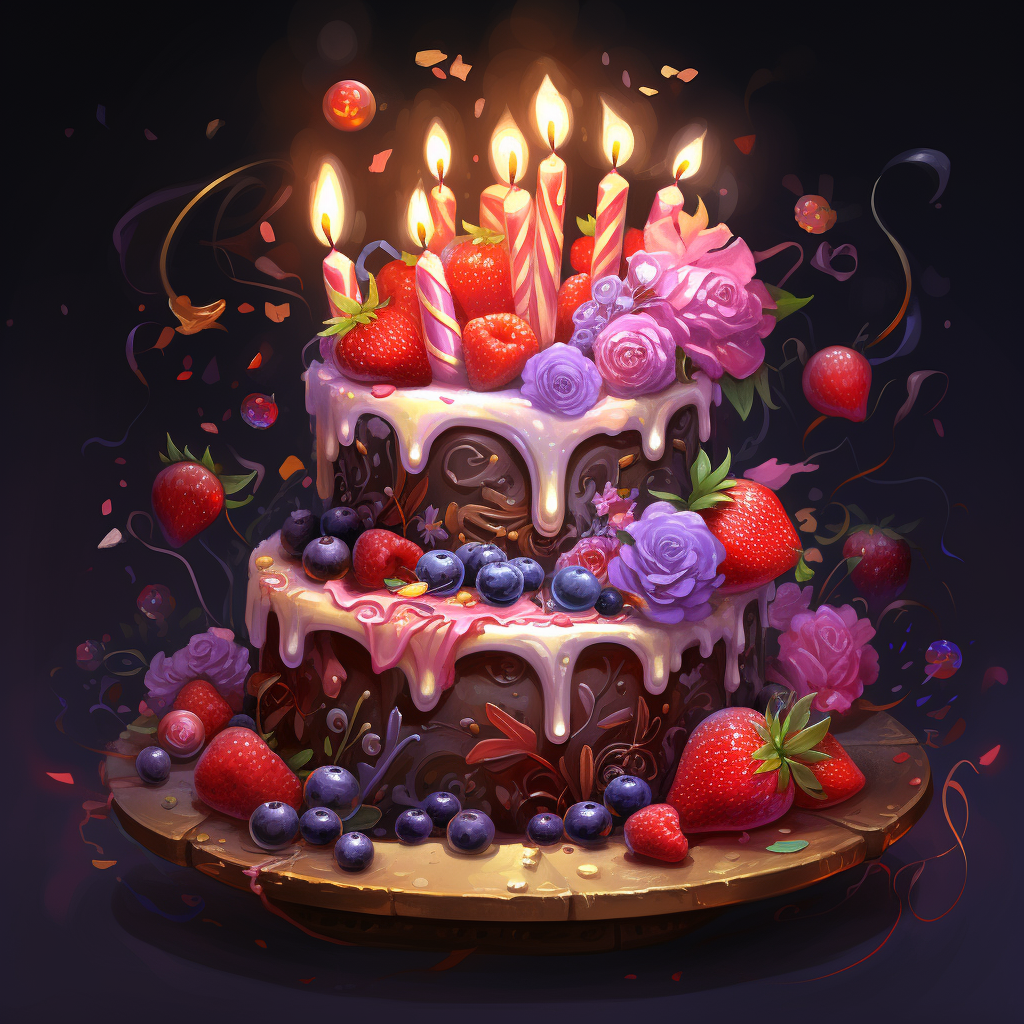 Luxurious multi-layered birthday cake with lit candles, chocolate frosting, and fresh berries, perfect as a festive avatar or profile picture.