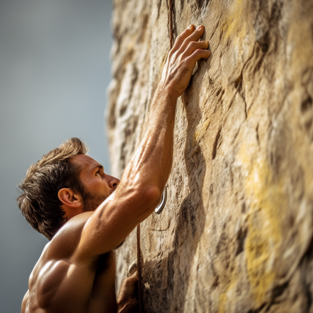 Close-up avatar of a focused individual climbing a rugged rock face, depicting strength and determination in rock climbing.