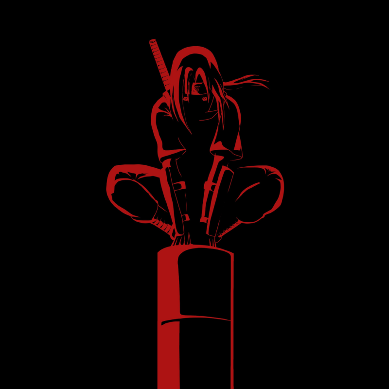 Red silhouette of Itachi Uchiha (Naruto) crouching on a pillar with a sword behind him against a black background — forum avatar/pfp.