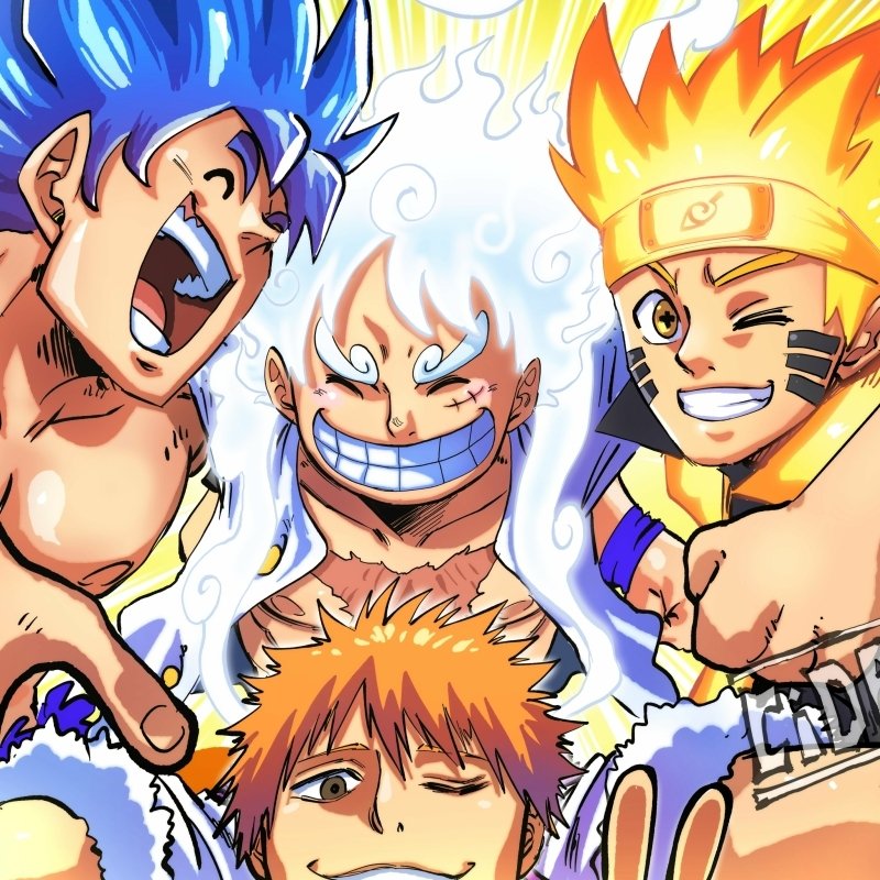 Vibrant anime crossover avatar featuring Goku, Naruto Uzumaki, Monkey D. Luffy, and Ichigo Kurosaki together in dynamic poses and bright colors.