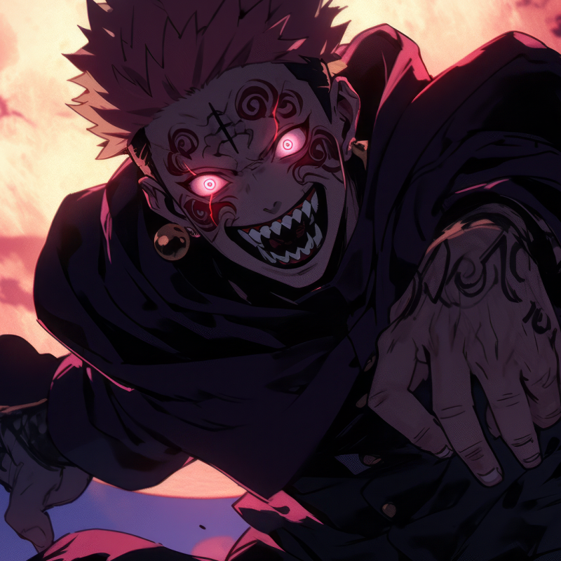 Forum avatar of Sukuna from Jujutsu Kaisen: snarling, tattooed face with glowing red eyes and fanged grin, reaching toward the viewer against a fiery sky backdrop.