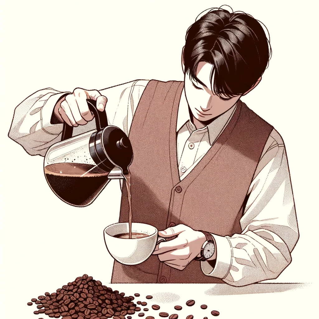 A stylish avatar of a man pouring coffee from a pot into a cup, surrounded by coffee beans, capturing the essence of food and coffee culture.