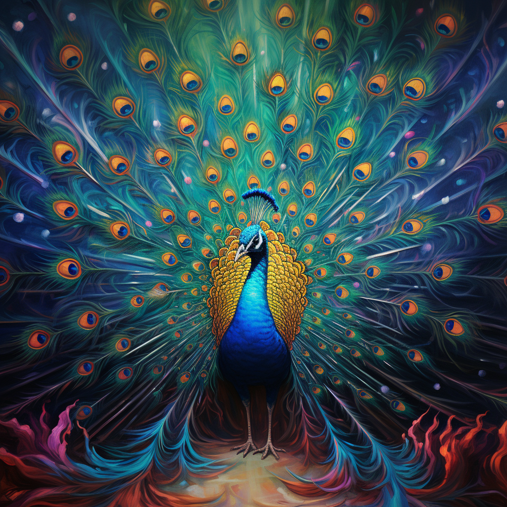 A vibrant peacock spreads its colorful feathers in this artistic profile photo, showcasing a stunning display of blue, green, and gold against a swirling background.