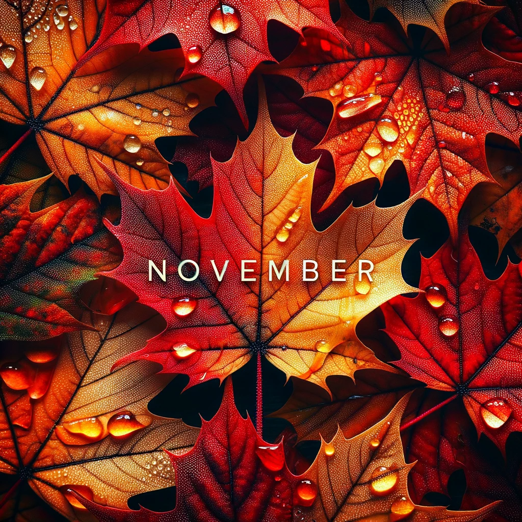 A vibrant forum avatar featuring an array of colorful autumn leaves adorned with droplets, prominently displaying the word November.