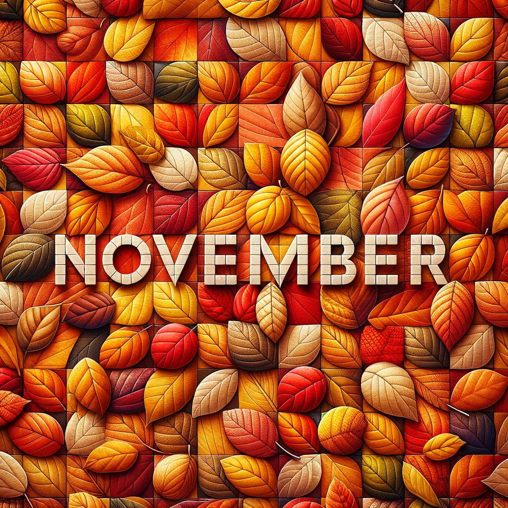 Colorful autumn leaves pattern with the word November for a seasonal avatar profile picture.