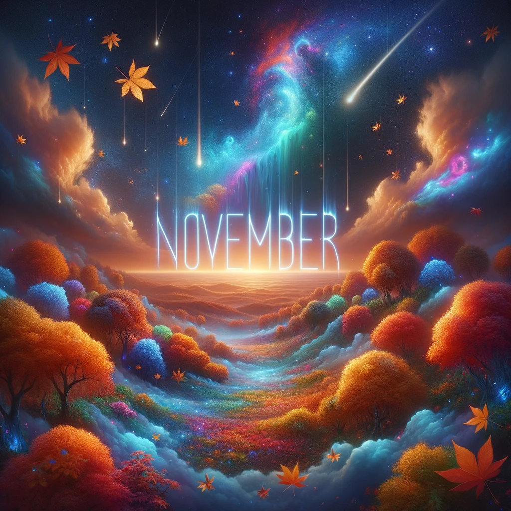 Vibrant November-themed avatar featuring a colorful cosmic landscape with autumn leaves and a prominent November inscription.