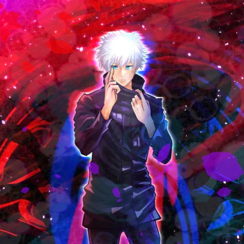Avatar of Satoru Gojo from the anime Jujutsu Kaisen, featuring his white hair and striking blue eyes against a vibrant red and purple abstract background.